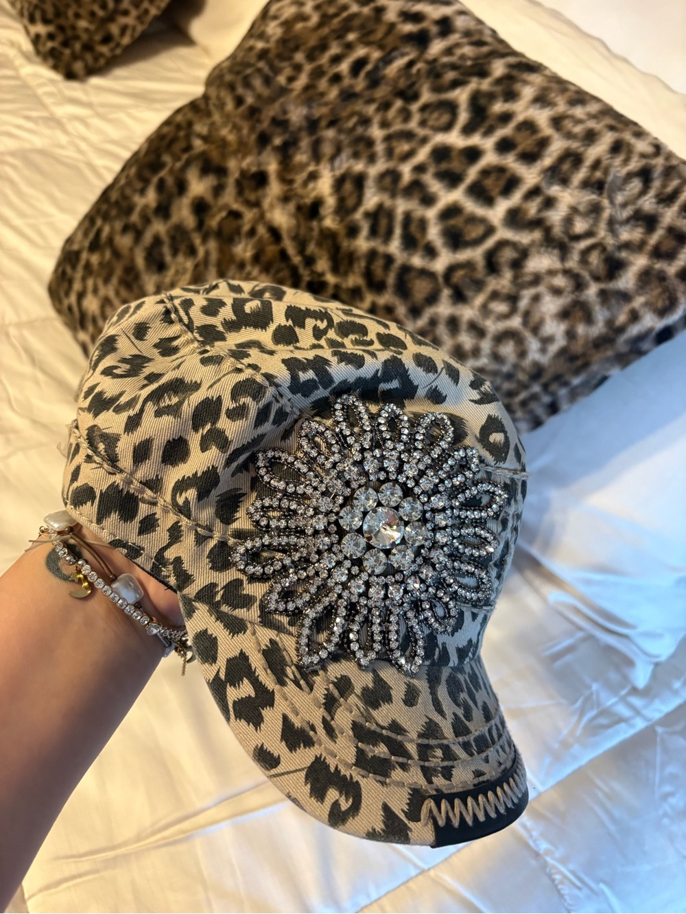 Leopard Print Embellished Women's Cap - Sparkling Crystal Brooch Accent